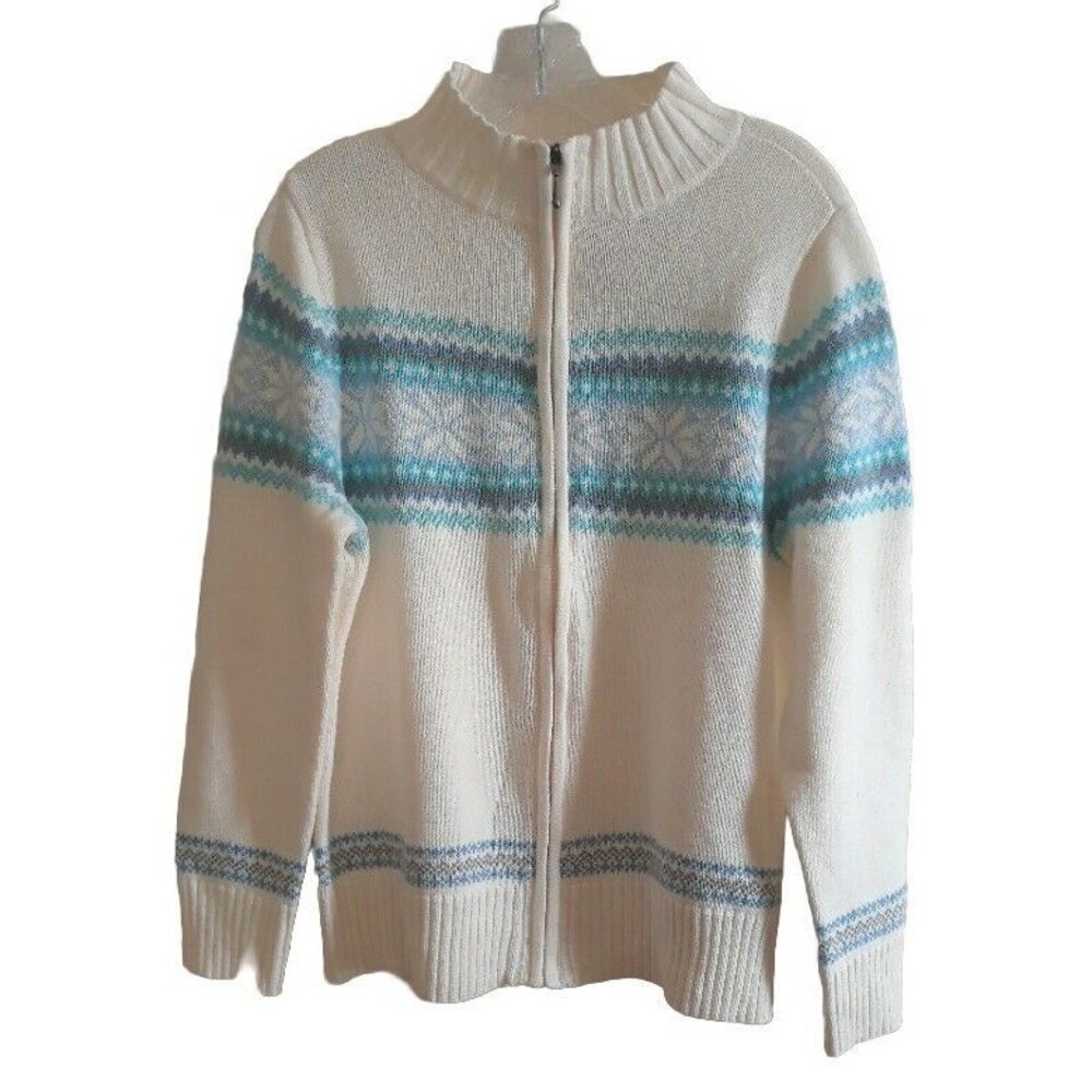 Studio Works Zip Up Sweater Women Medium White Blue Snowflakes Long Sleeves